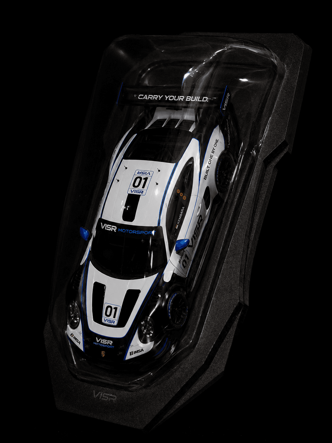 Close view of the clear VISR Carry shell protecting a diecast collection